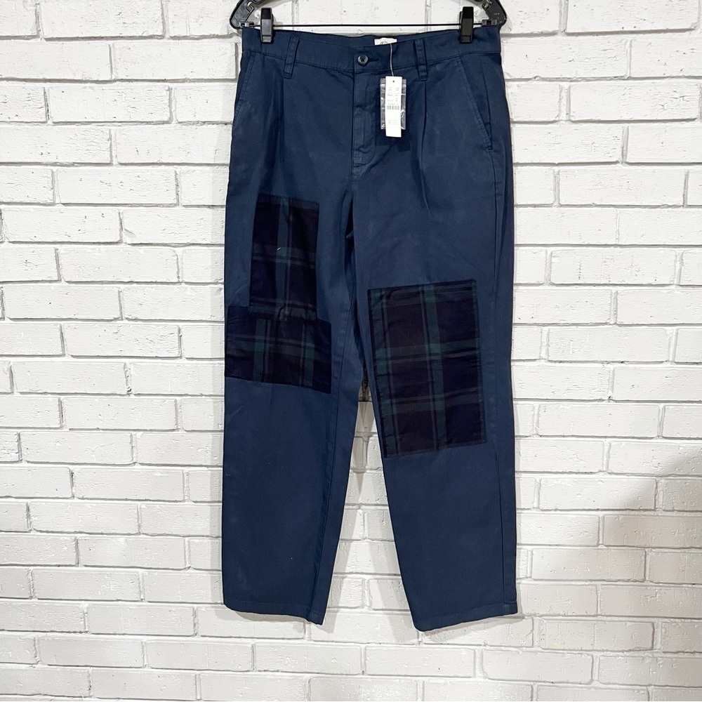J.Crew Pleated slouchy boyfriend chino pant with plaid‎ patches